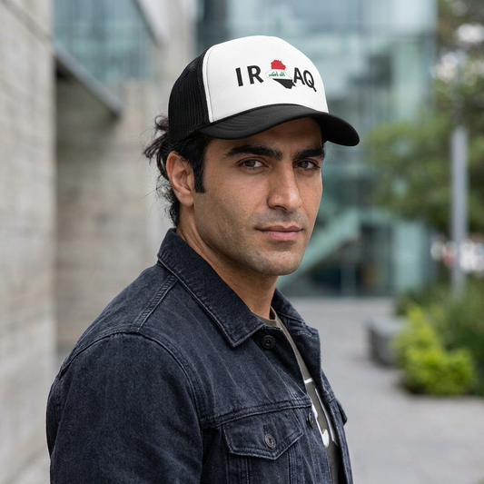 Iraq Flag Trucker Cap — Mesh Back Hat with Iraq Map and Arabic Script