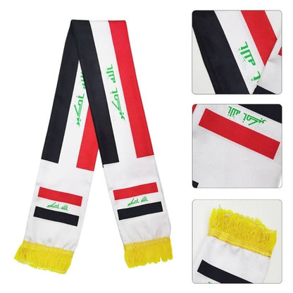 Iraq Scarf 14x135cm Double-sided printed Satin Iraq Flag Scarf Tassels Suitable for 2026 Football cup, Sports, Events