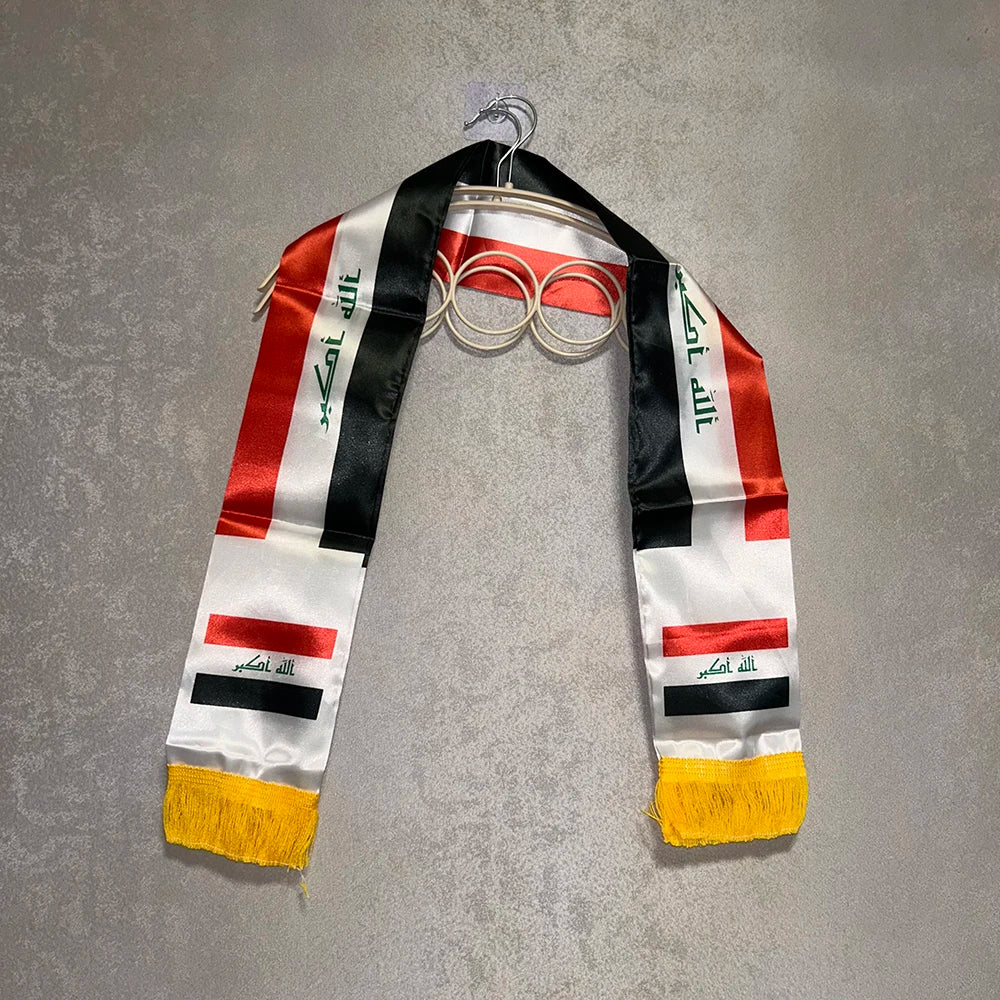Iraq Scarf 14x135cm Double-sided printed Satin Iraq Flag Scarf Tassels Suitable for 2026 Football cup, Sports, Events